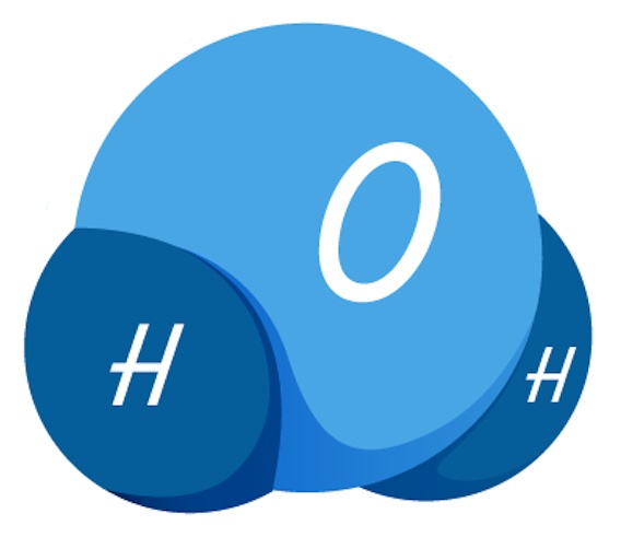 A model of the water molecule shows a larger oxygen atom in the center, attached to two smaller hydrogen atoms, one on each side of the oxygen atom.