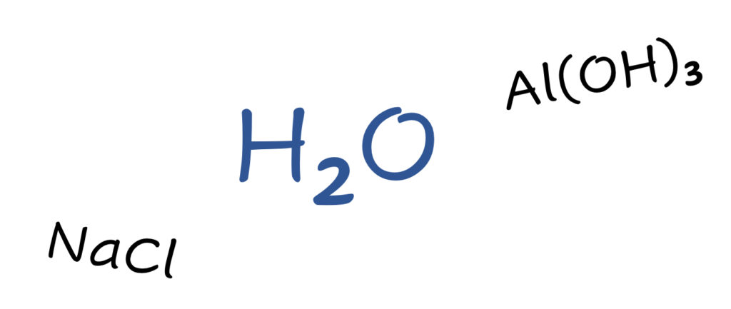 Three chemical formulas are shown: H2O, NaCl, and Al(OH)3.